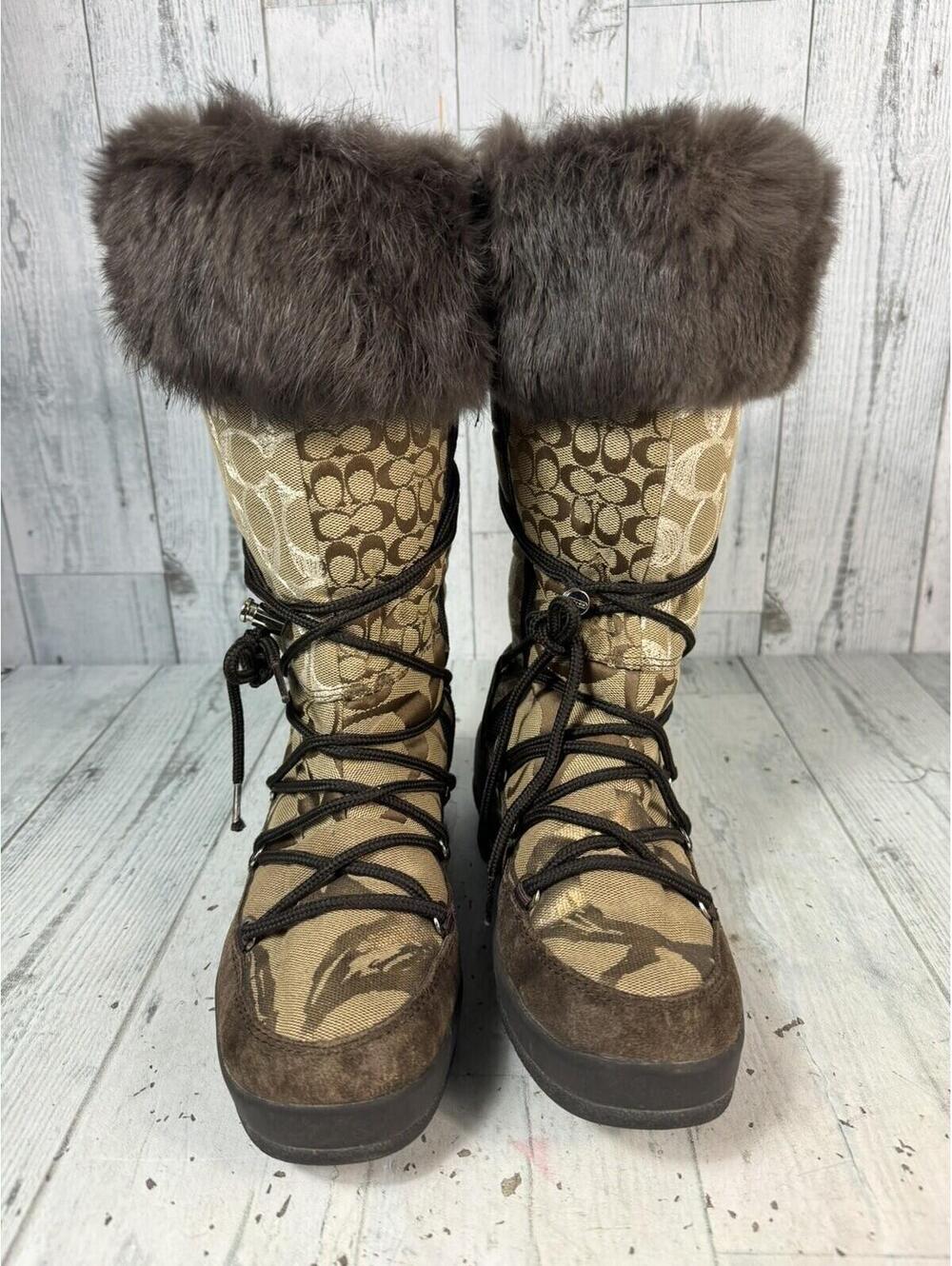 Coach Laurilyn Brown/ Tan Patchwork Fur Trim Winter Designer Boots Side Zip - Picture 2 of 9